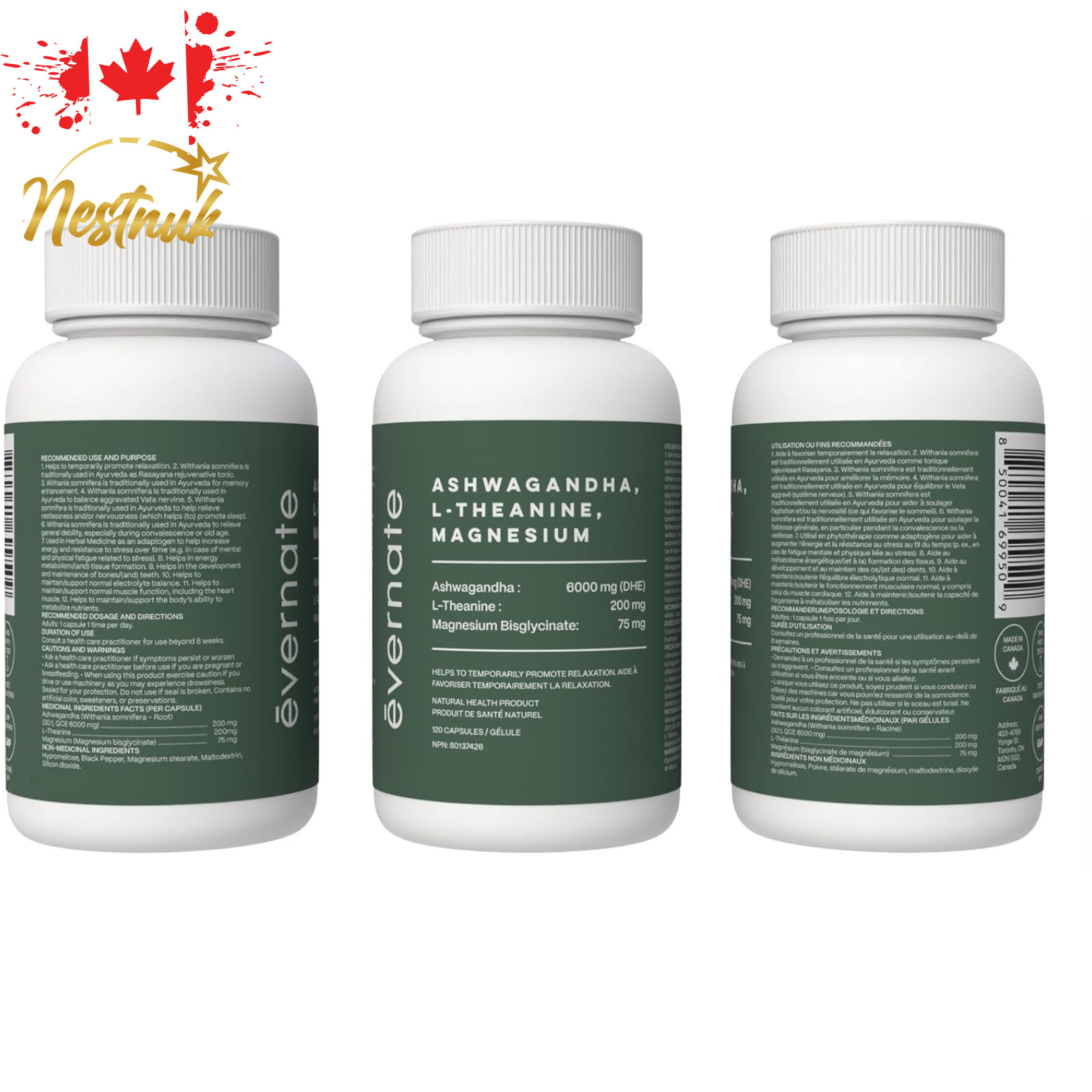 Ashwagandha 6000mg w L-Theanine 200mg Magnesium Bisglycinate 120 Ct Canada