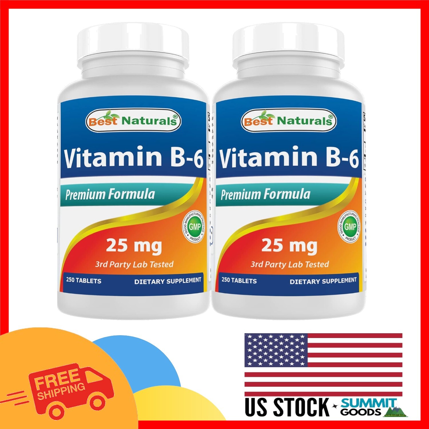 Gluten-Free Vitamin B6 25mg, 250 Tablets x 2 Bottles – Non-GMO, Allergen-Free
