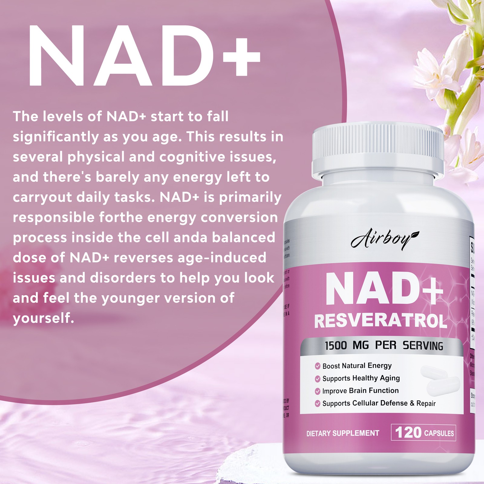 NAD+ Resveratrol 1500mg – for Anti-Aging Energy Focus Cellular Metabolis