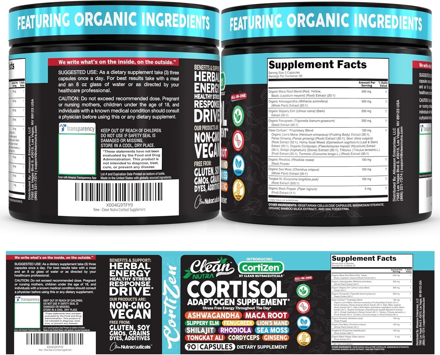 Clean Nutra Cortisol Supplements for Women – Black/teal, 90 Count, Capsule