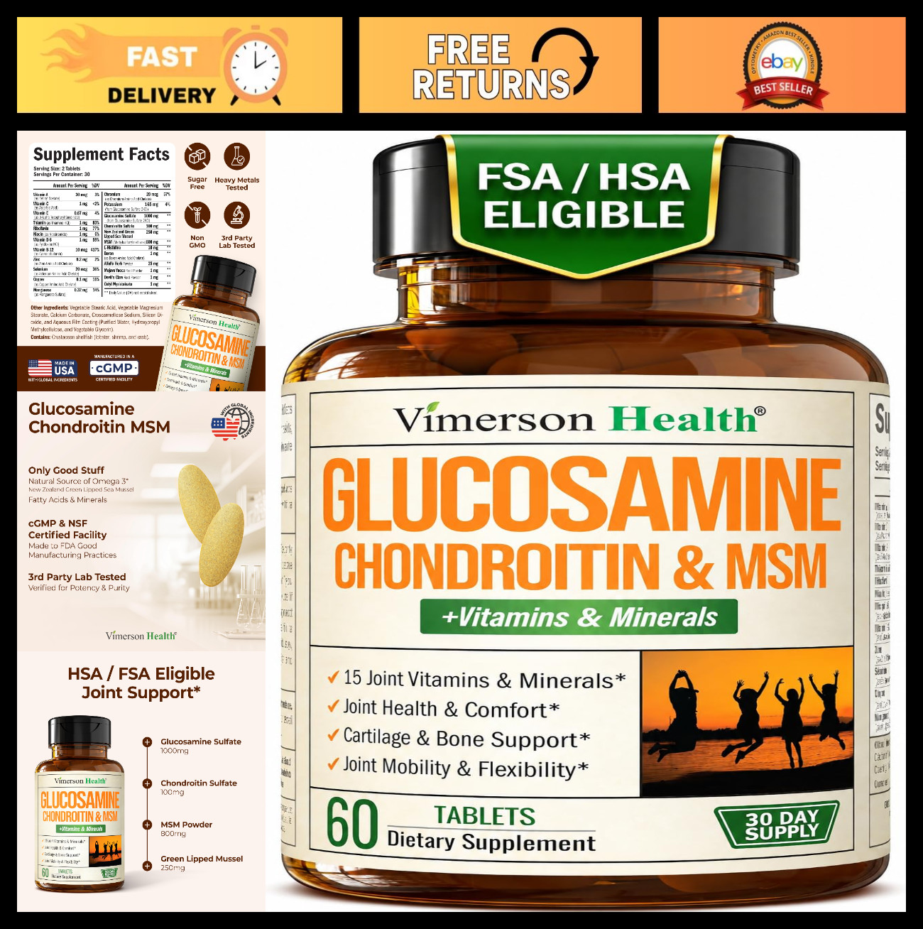 Advanced Joint Support Supplements – Glucosamine, Chondroitin & MSM – 60 Tabs