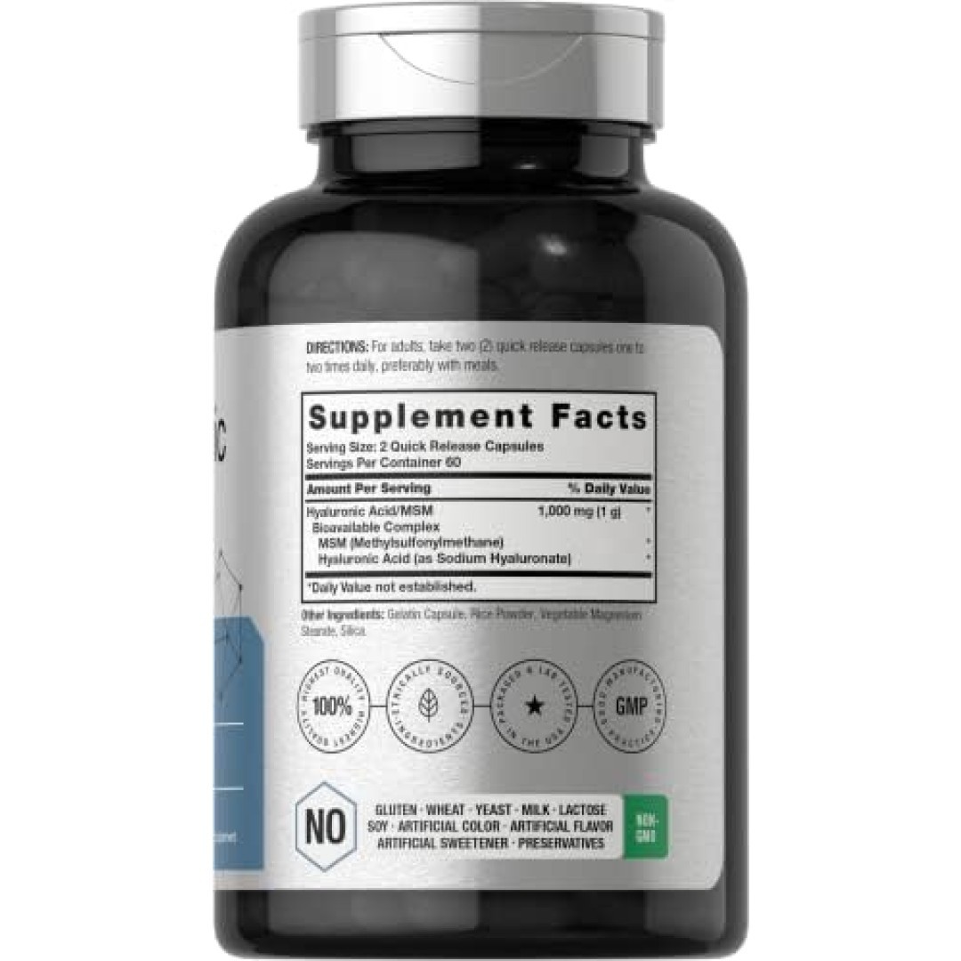 Hyaluronic Acid with MSM | 1000 mg | 120 Capsules | Non-GMO |Free Shipping