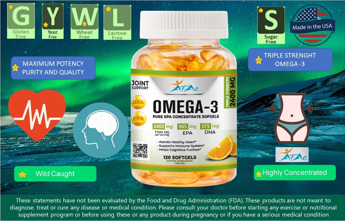 Omega 3 Fish Oil Capsules 3x Strength 2400mg EPA & DHA, Highest Potency