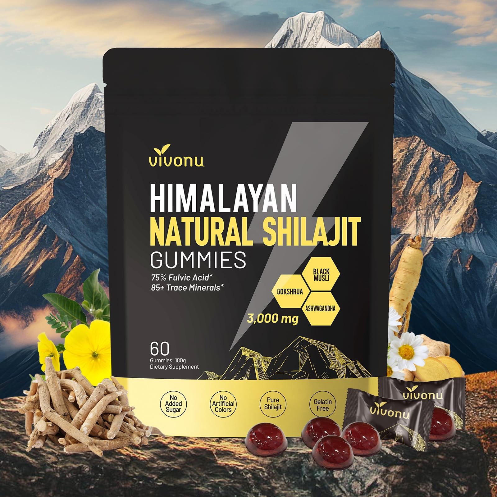 Himalayan Shilajit Gummies with Ashwagandha & Gokshura | 85+ Trace Minerals &…