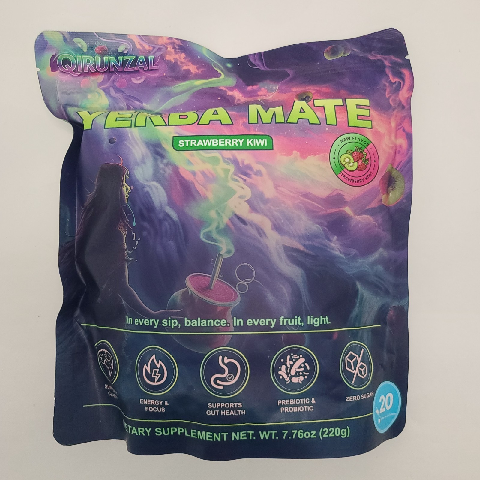 QIRUNZAL Yerba Mate Powder Drink Mix Strawberry Kiwi 20 Sticks Lion’s Mane EXP27