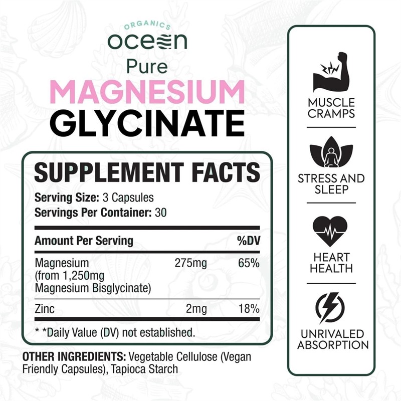 1-3PACKS Organics Ocean Pure Magnesium Glycinate Strength Chelated- 90 CT