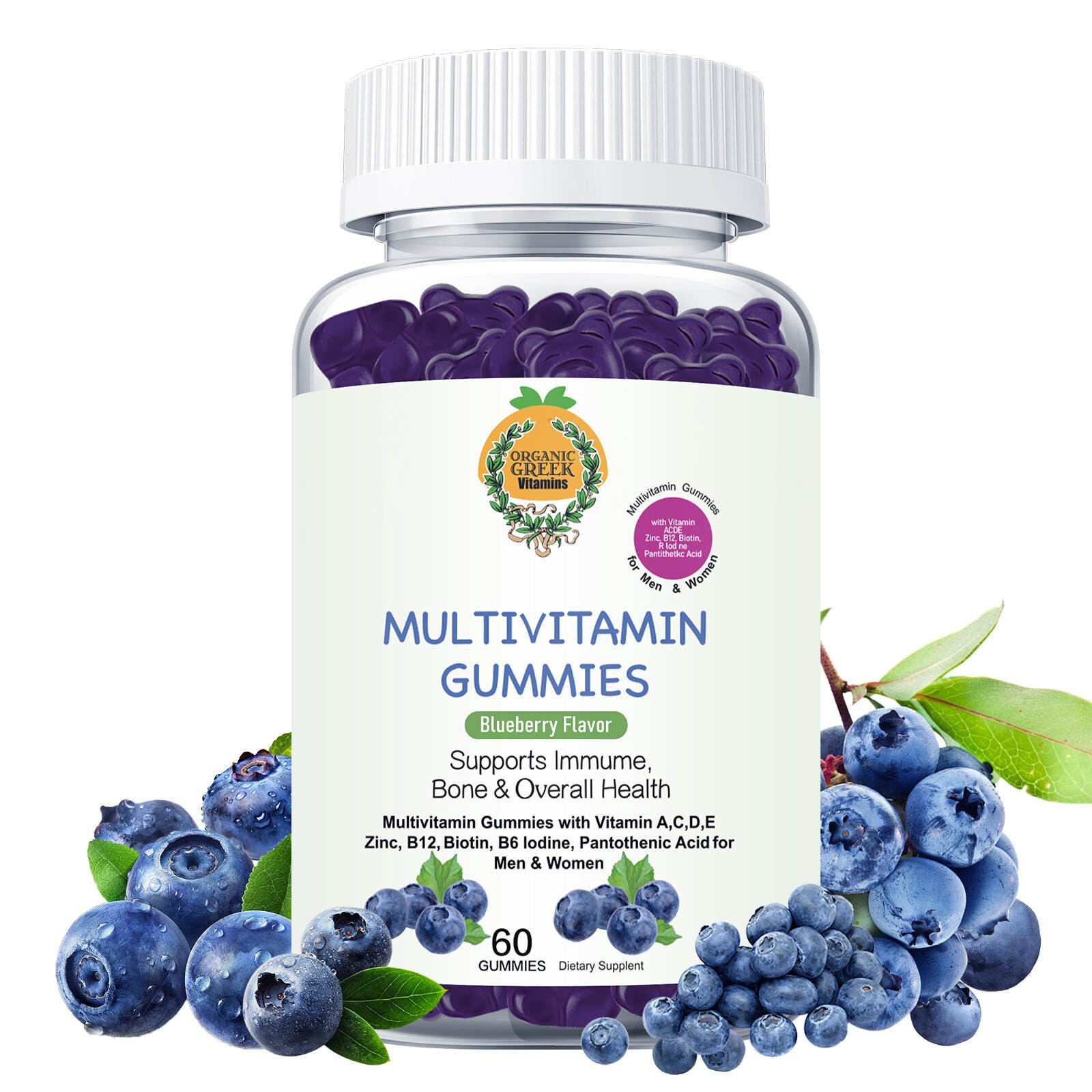 Blueberry Organic Greek® Multivitamin Vitamin A, C, D, E, Zinc, B12, Biotin more