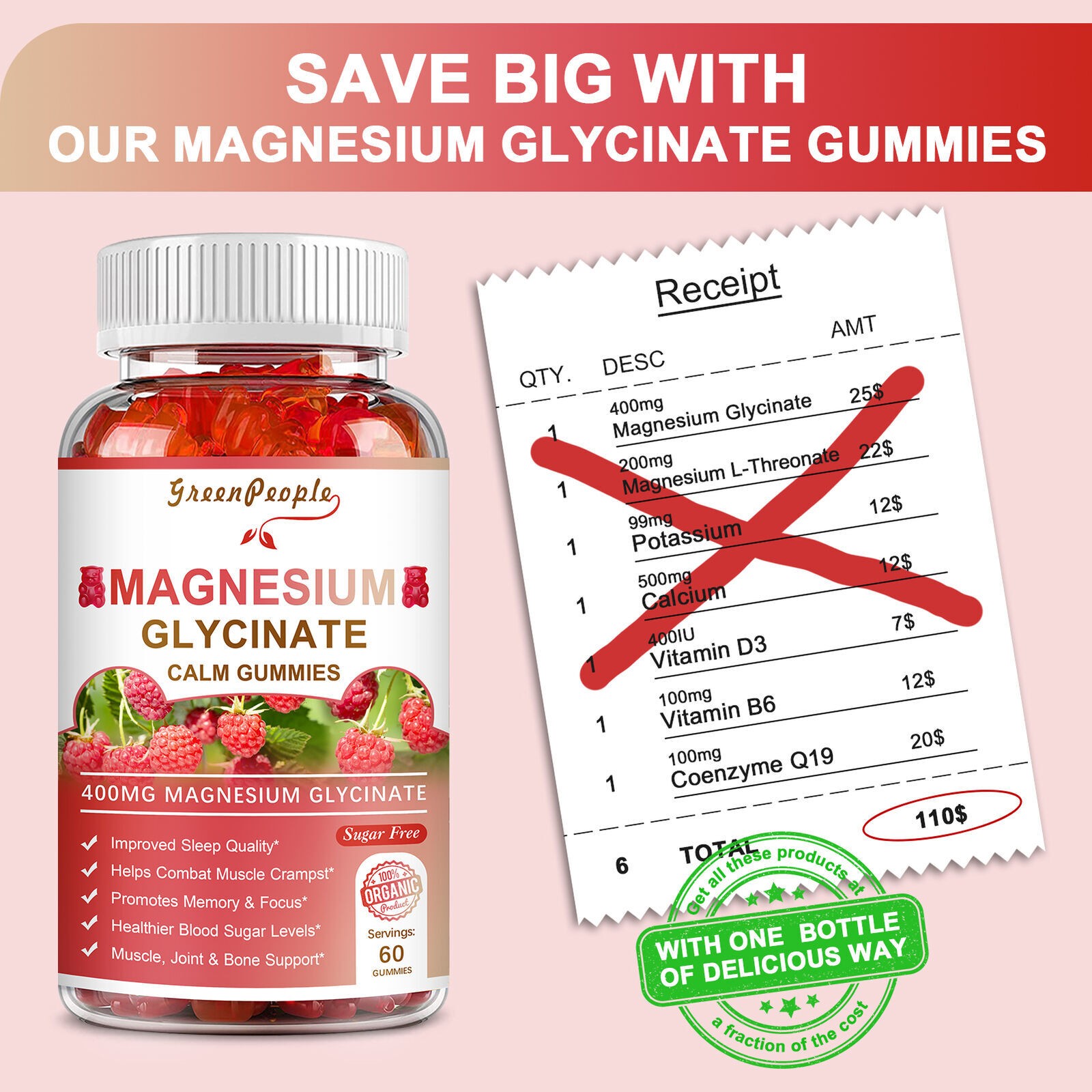 400mg Magnesium Glycinate Gummies Improve Sleep Promotes Cognition & Focus 60pcs