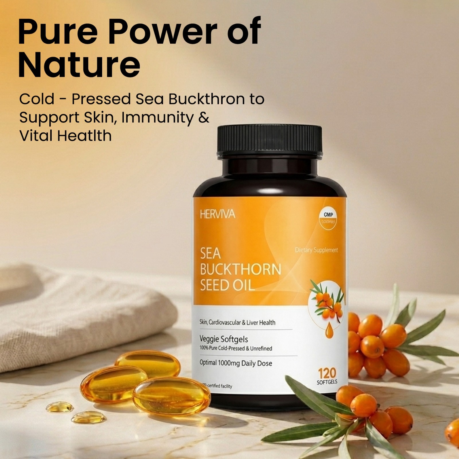 Seabuckthorn Oil Soft Gels 1000 mg per Serving Plant Based 120 Count(60 Serving)