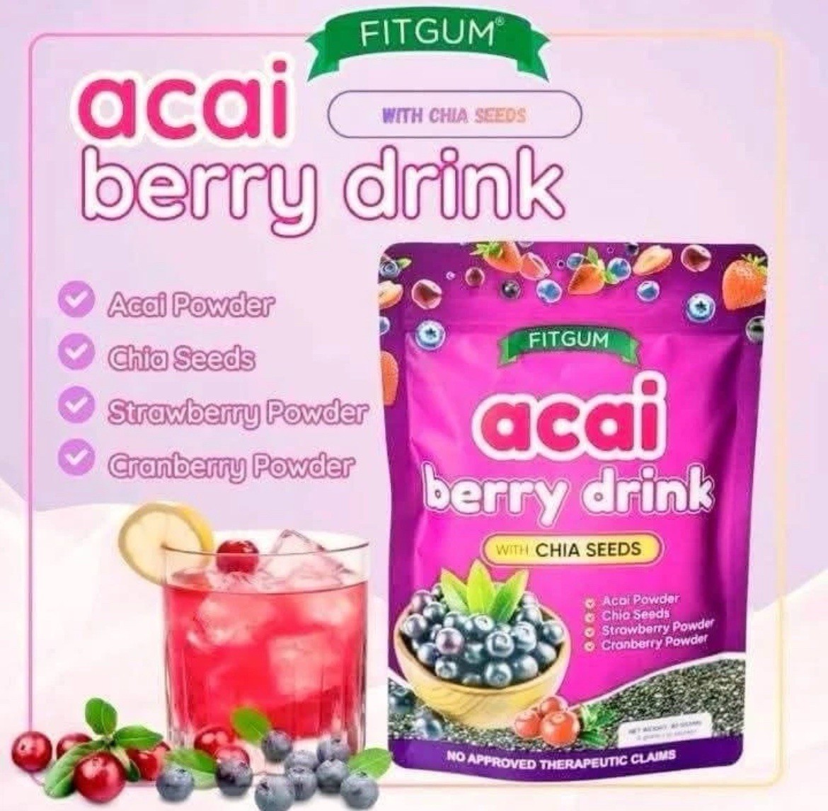 Fitgum Acai Berry Drink Powder with Chia Seeds 4 Grams x 10 Sachets