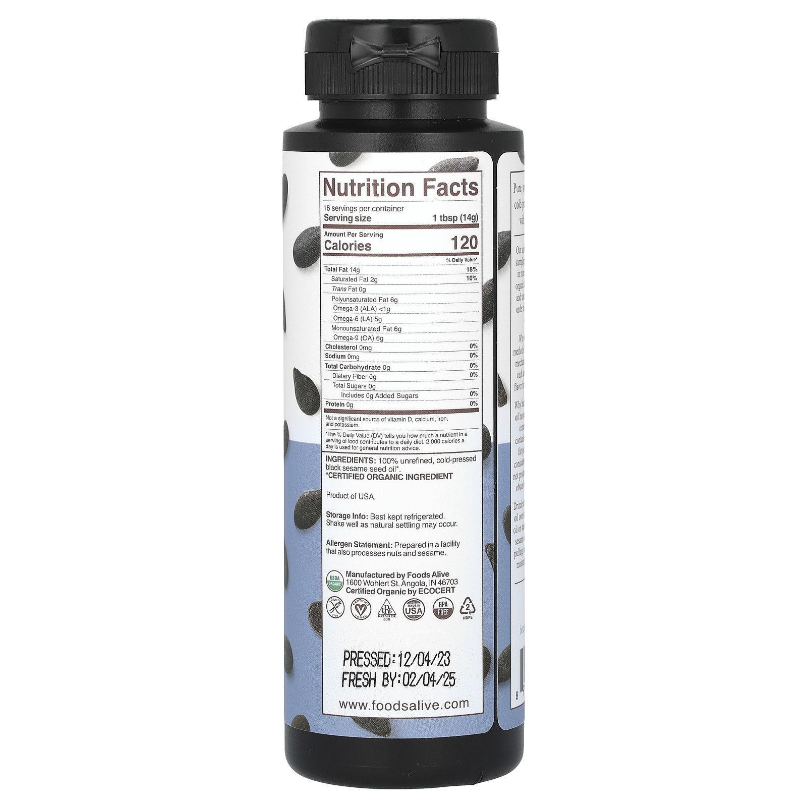 Organic Black Sesame Oil, Artisan Cold-Pressed, 8 fl oz (236 ml)