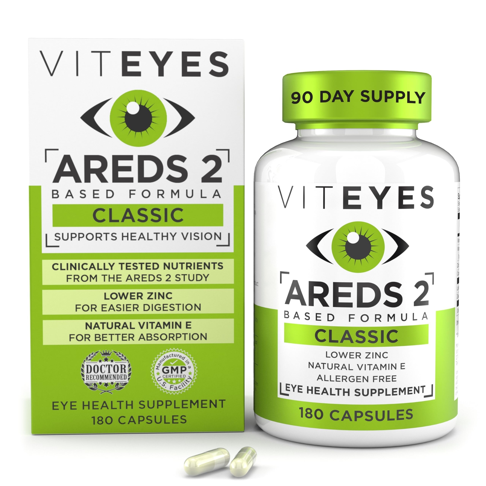 Viteyes AREDS 2 Eye Vitamins Classic Macular Support Allergen Free Capsules w…
