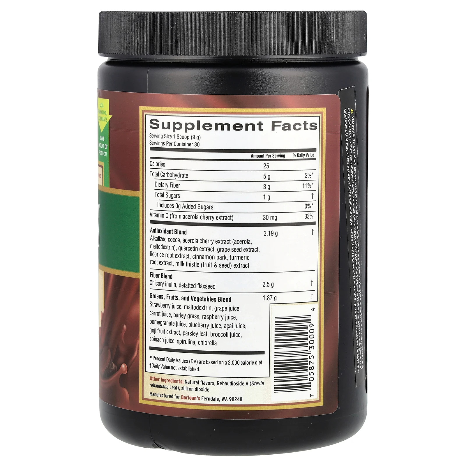 Barlean s Greens Powder Formula Chocolate Silk 9 52 oz 270 g Organic, Kosher,