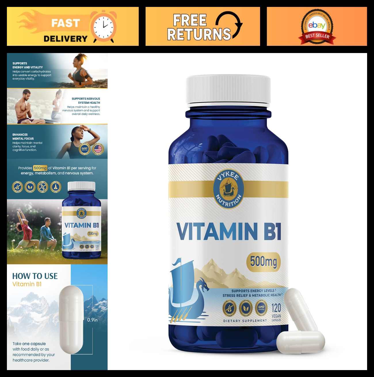 Vitamin B1 Thiamine Capsules 500mg | Energy Metabolism & Nervous System Support,