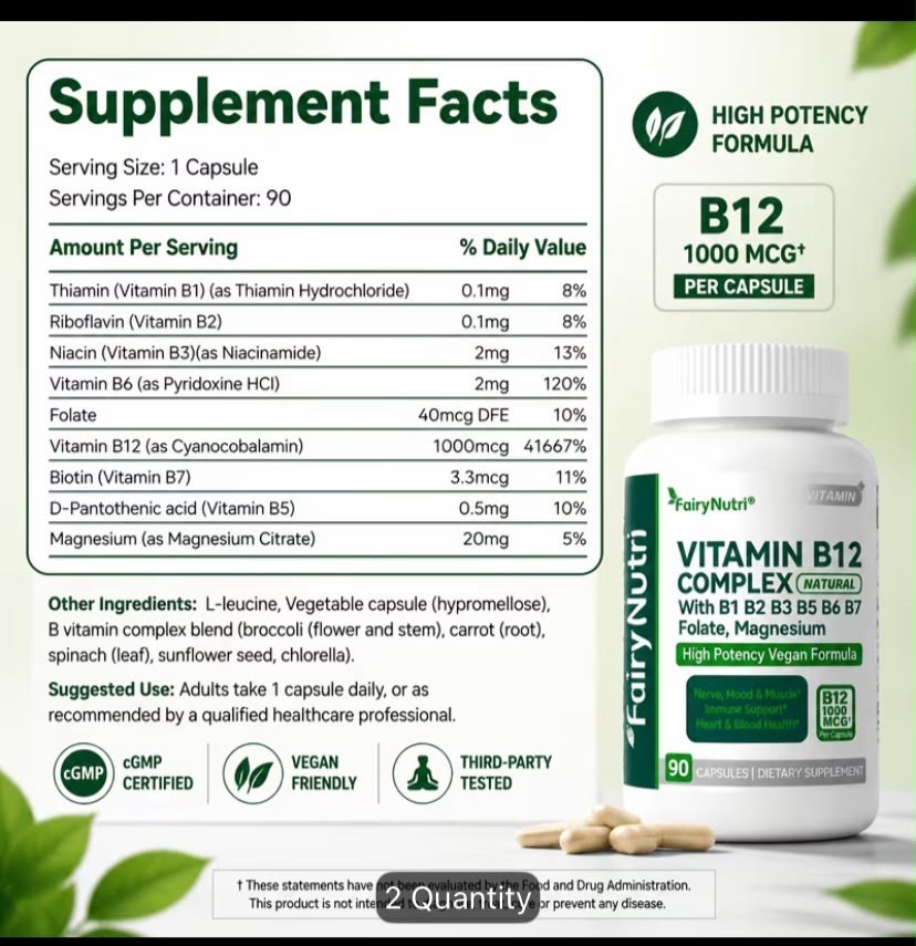 1pc Vitamin B12 Complex B1,B3,B5,B6,B7 Folate Magnesium 90 Capsules