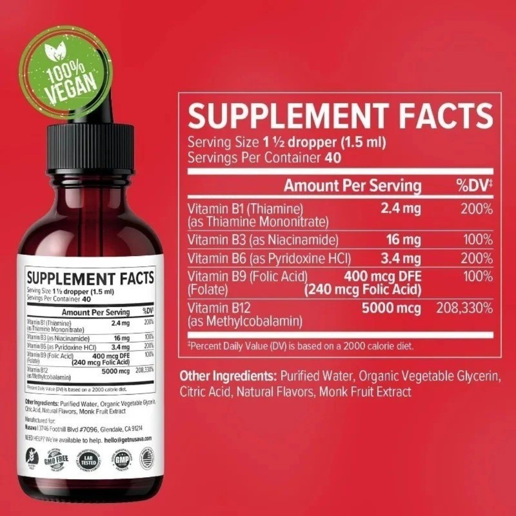 2-Bottles Vitamin B12 Liquid Drops with B6 B1 Niacin Folate