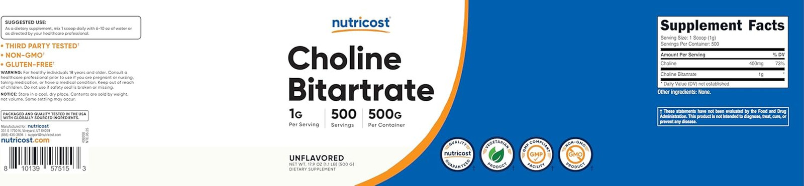 Pure Choline Bitartrate Powder 500 Grams