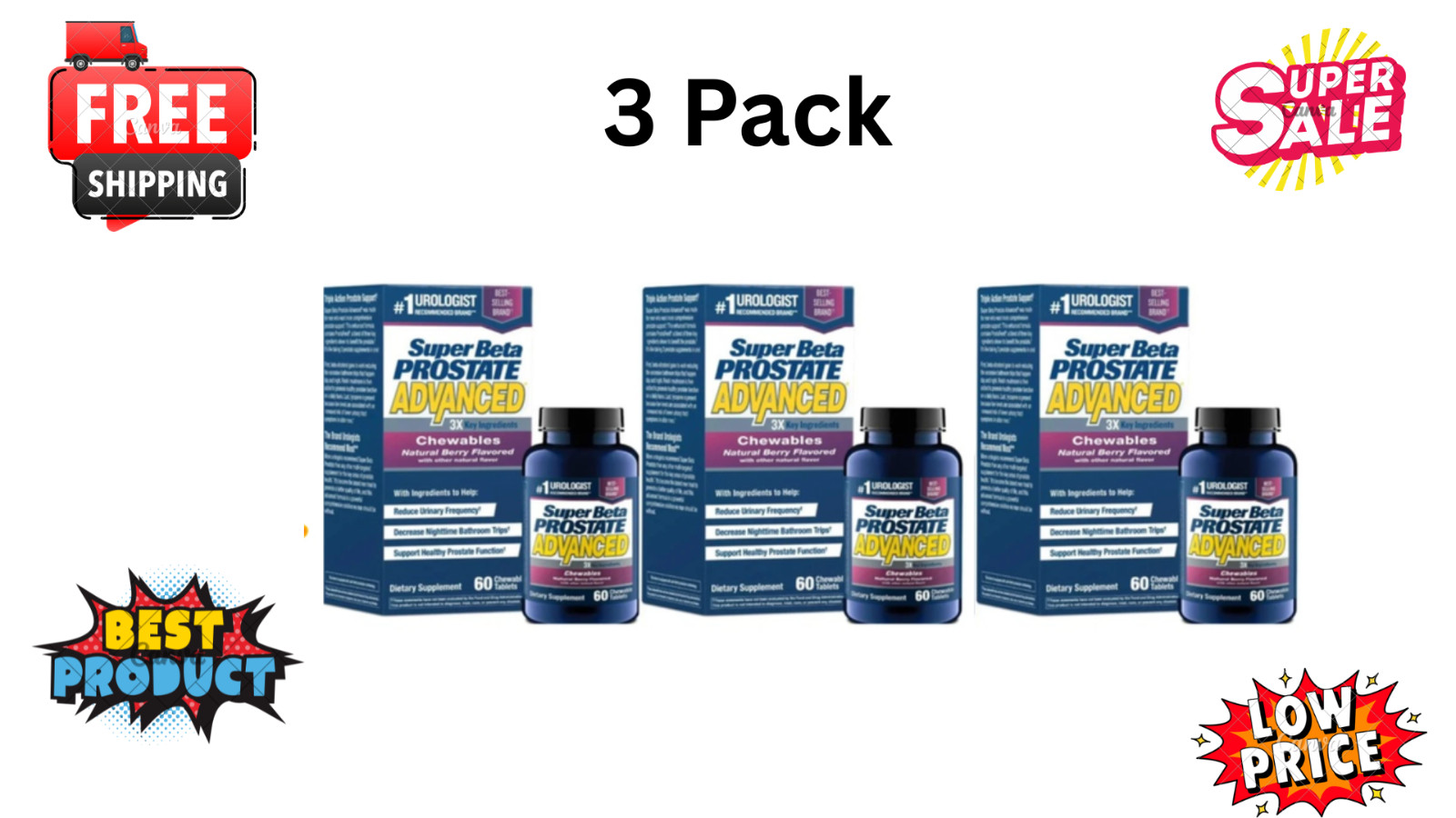 Super Beta Prostate Advanced Chewables Natural Berry 60 Ct Pack of 3 Free Shipp