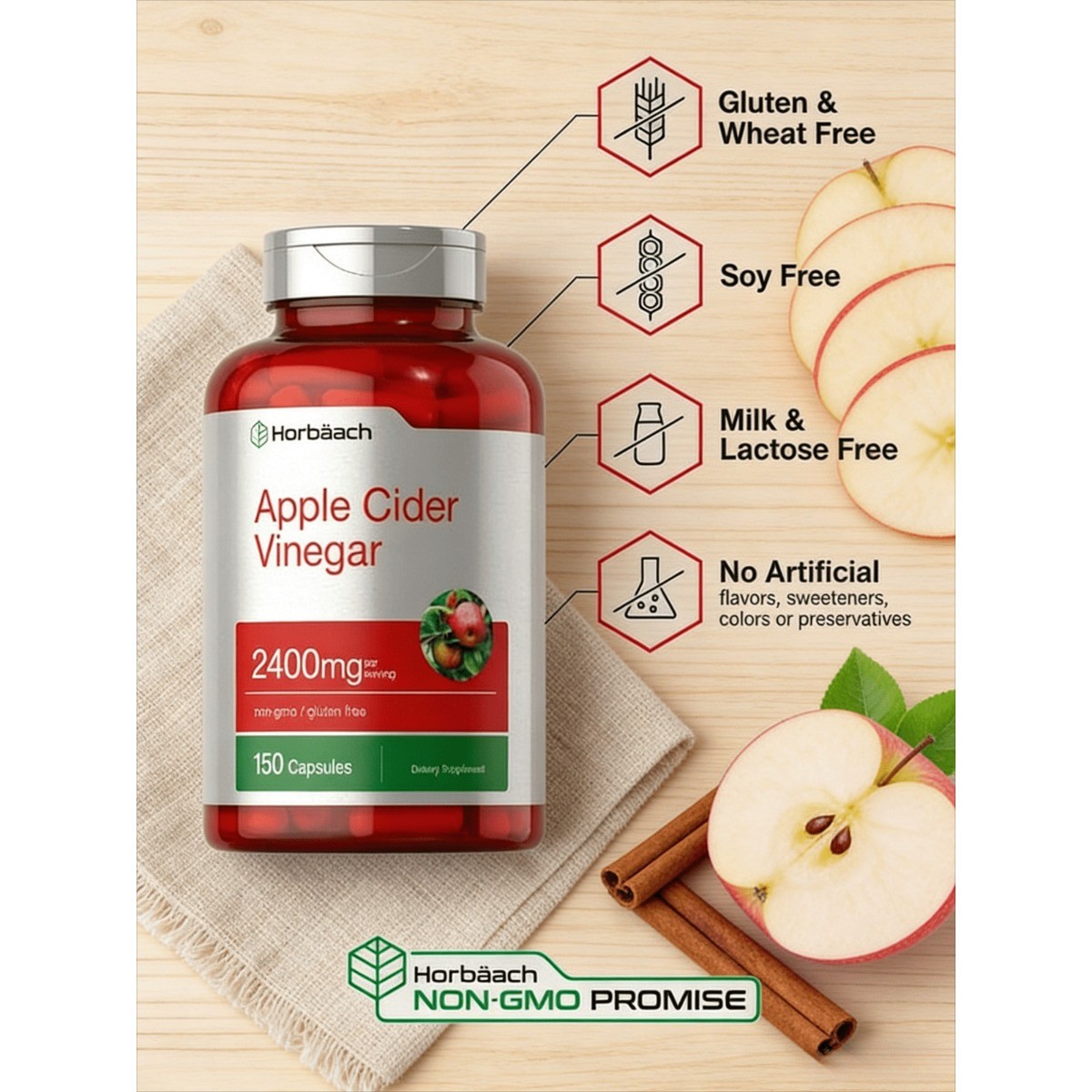 Horbäach Apple Cider Vinegar Capsules 2400mg -50 Count-Non-GMO & Gluten Free