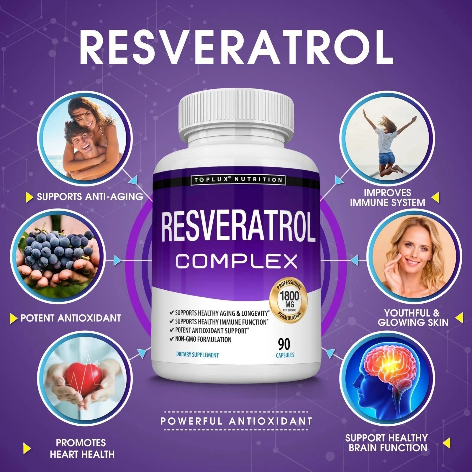 Resveratrol Supplement 1800 mg Antioxidant Complex – Highly Potent Natural Pills