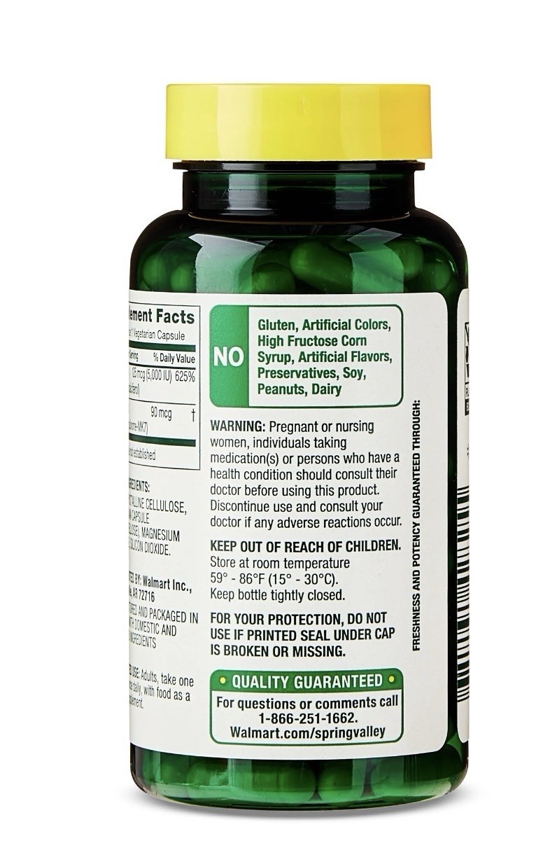 Spring Valley Vitamin K2 90 Mcg + D3 125 Mcg Vegetarian Capsules, 90 Count..