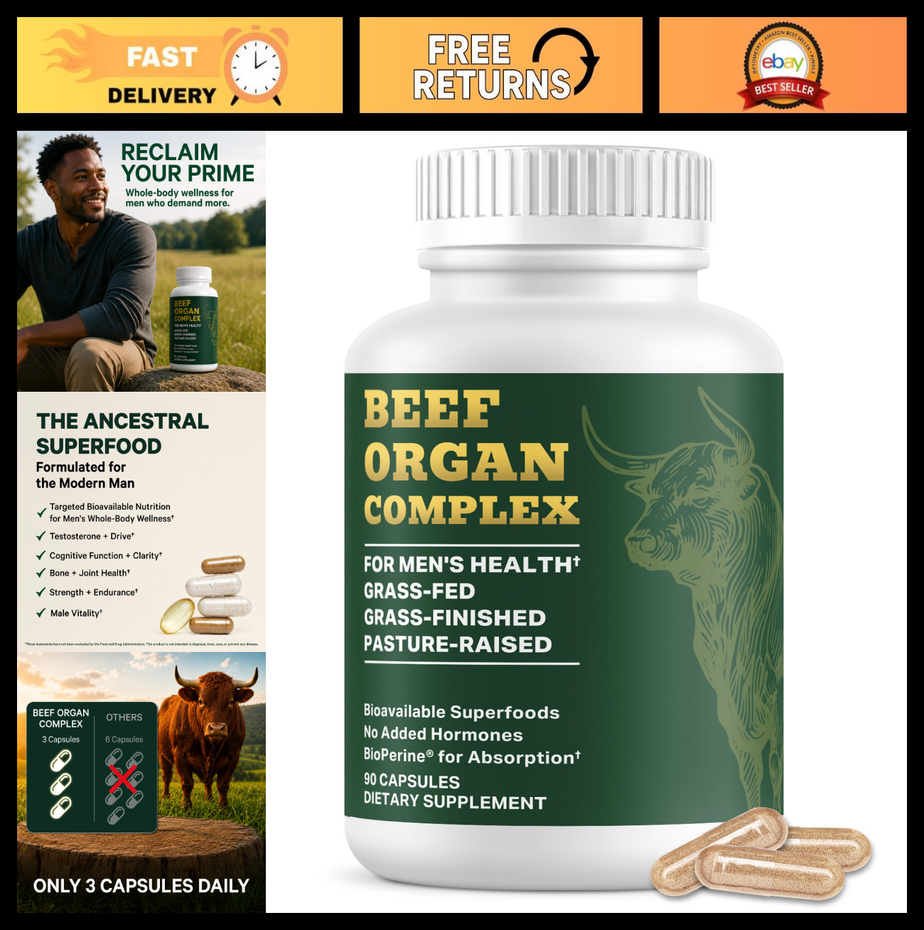 Men’s Beef Organ Complex Supplement – Bioavailable Superfoods, 90 Count | Grass-