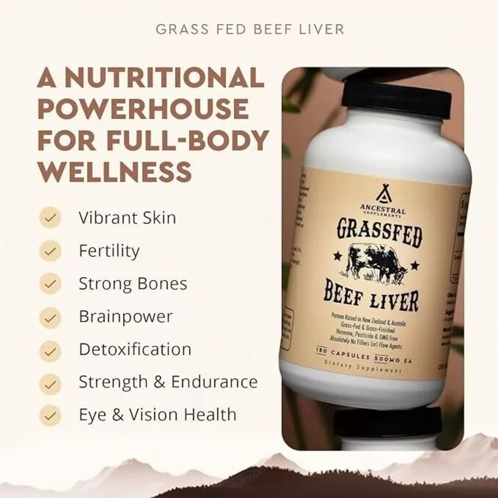 Grassfed Supplements Ancestral Beef Liver-180Capsules 500mg EA Exp 07/2028