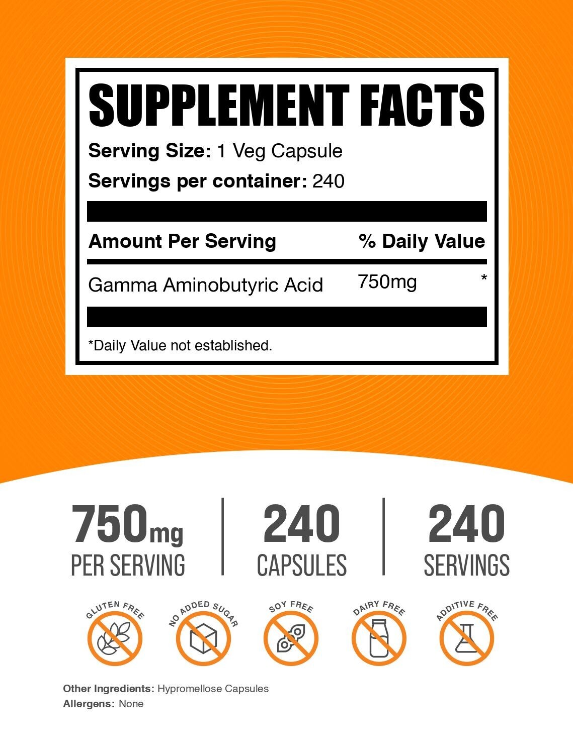 BulkSupplements GABA 240 Capsules – 750mg Per Serving