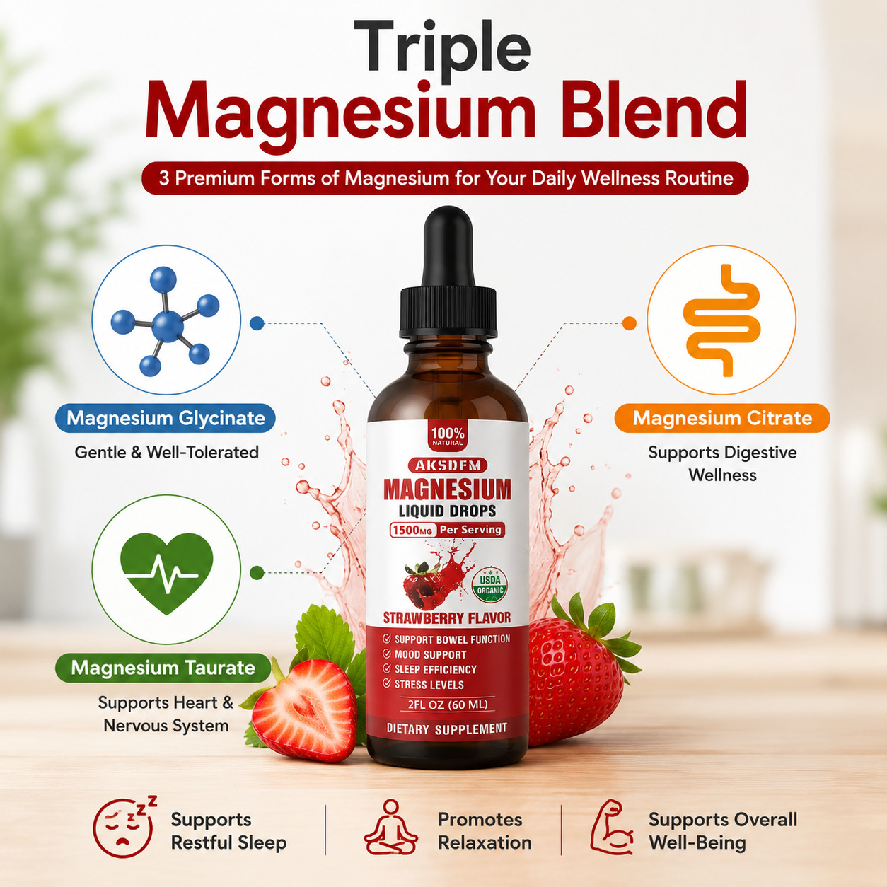 2 Pack Magnesium Liquid Drops 1500mg Strawberry Flavor 2 fl oz (60ml) Vegan Glut