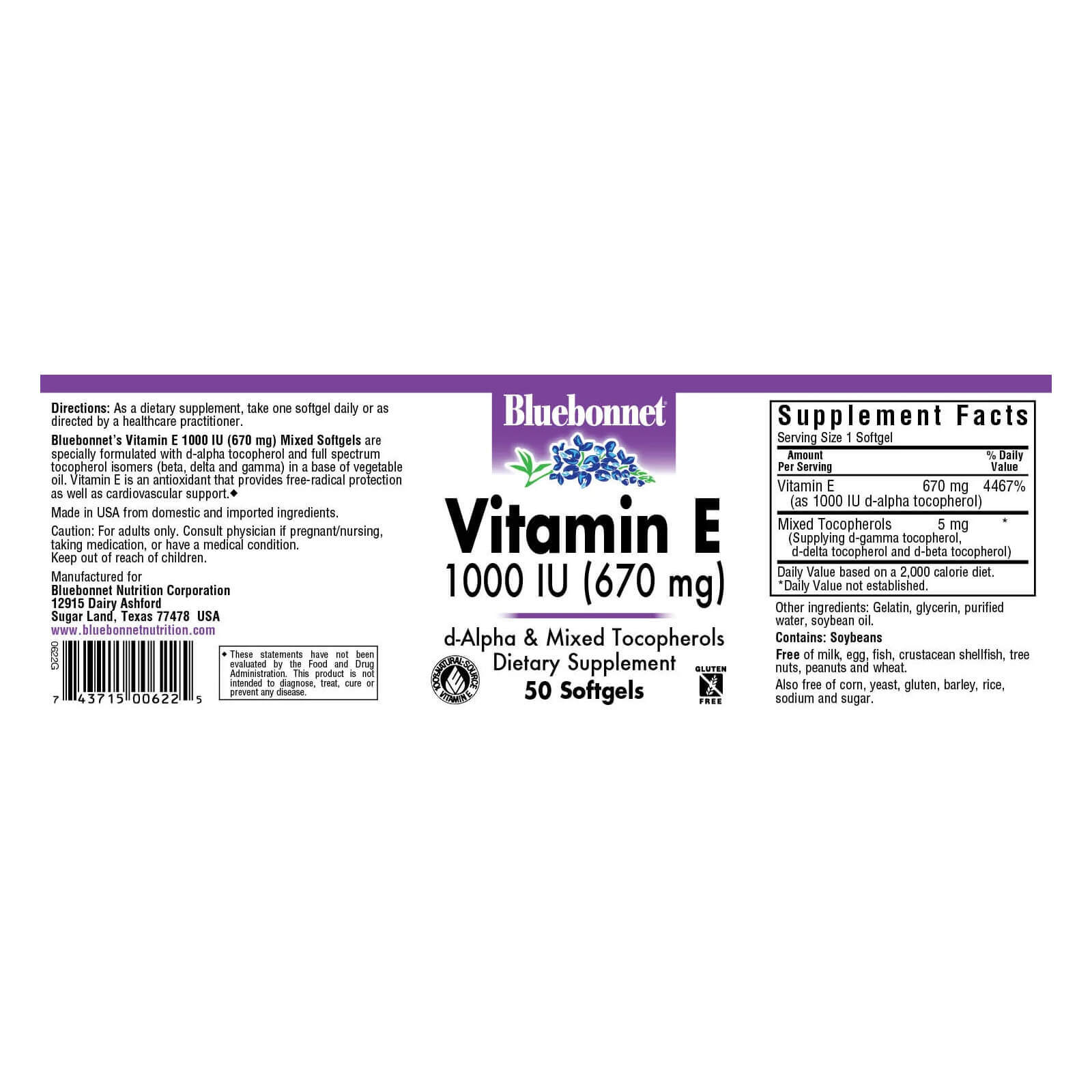 Bluebonnet Vitamin E 670 mg 1000 IU Mixed 50 Softgels