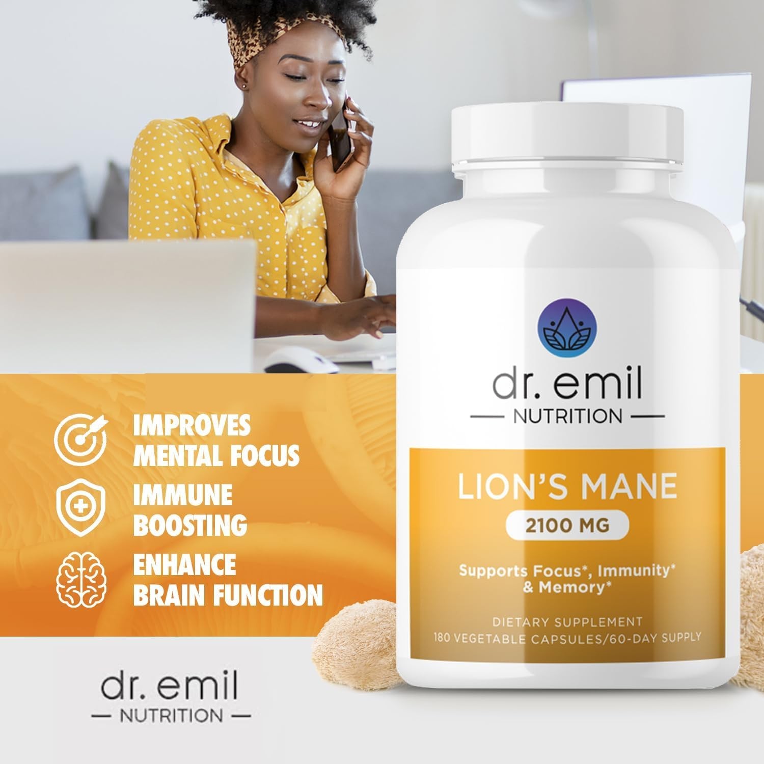 Organic Lions Mane Mushroom Supplement for Mental Clarity, Focus & Immune Sup…