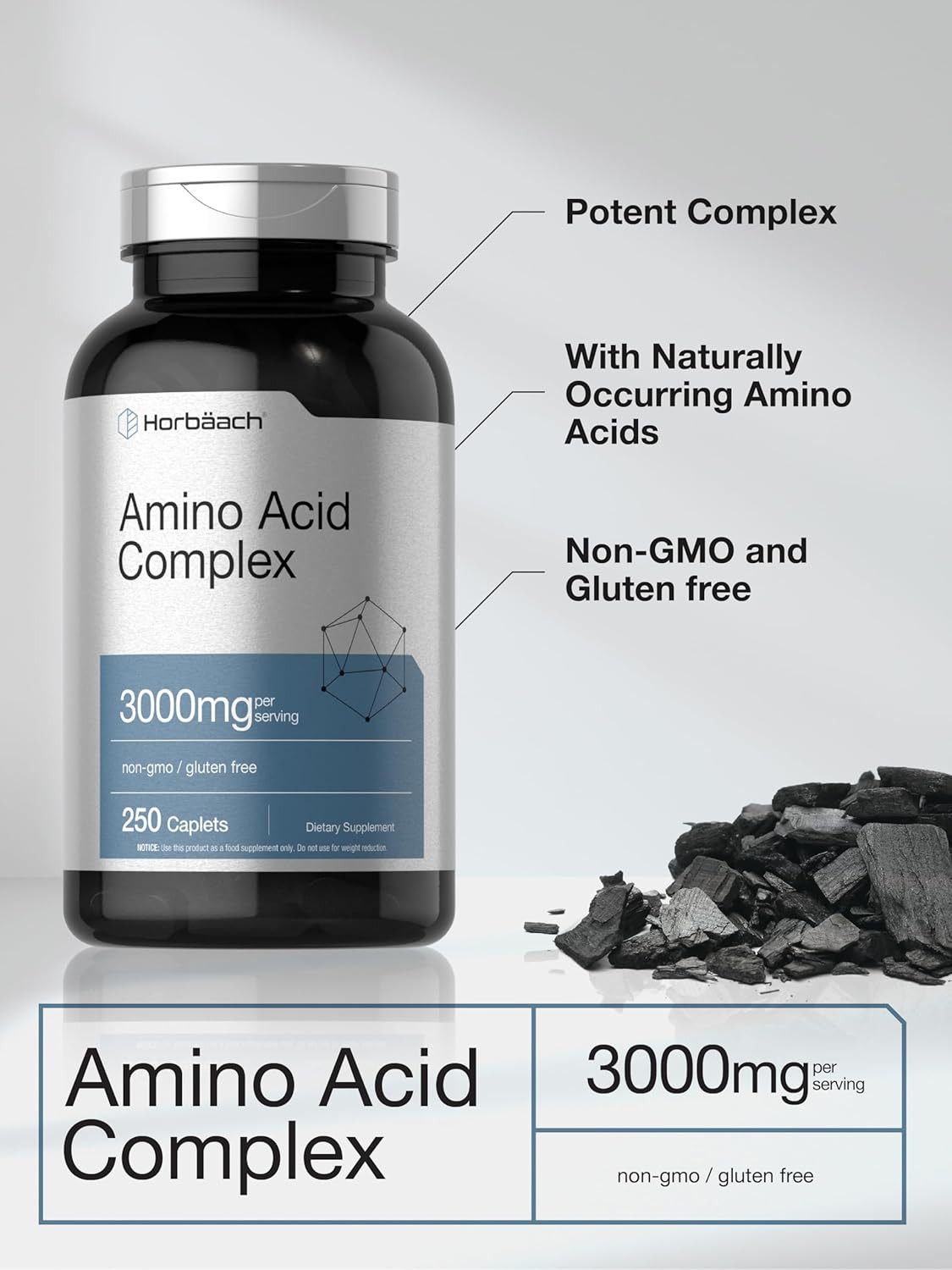 Horbäach Amino Acid Complex 3000Mg | 250 Caplets | Non-Gmo EXP:10/28