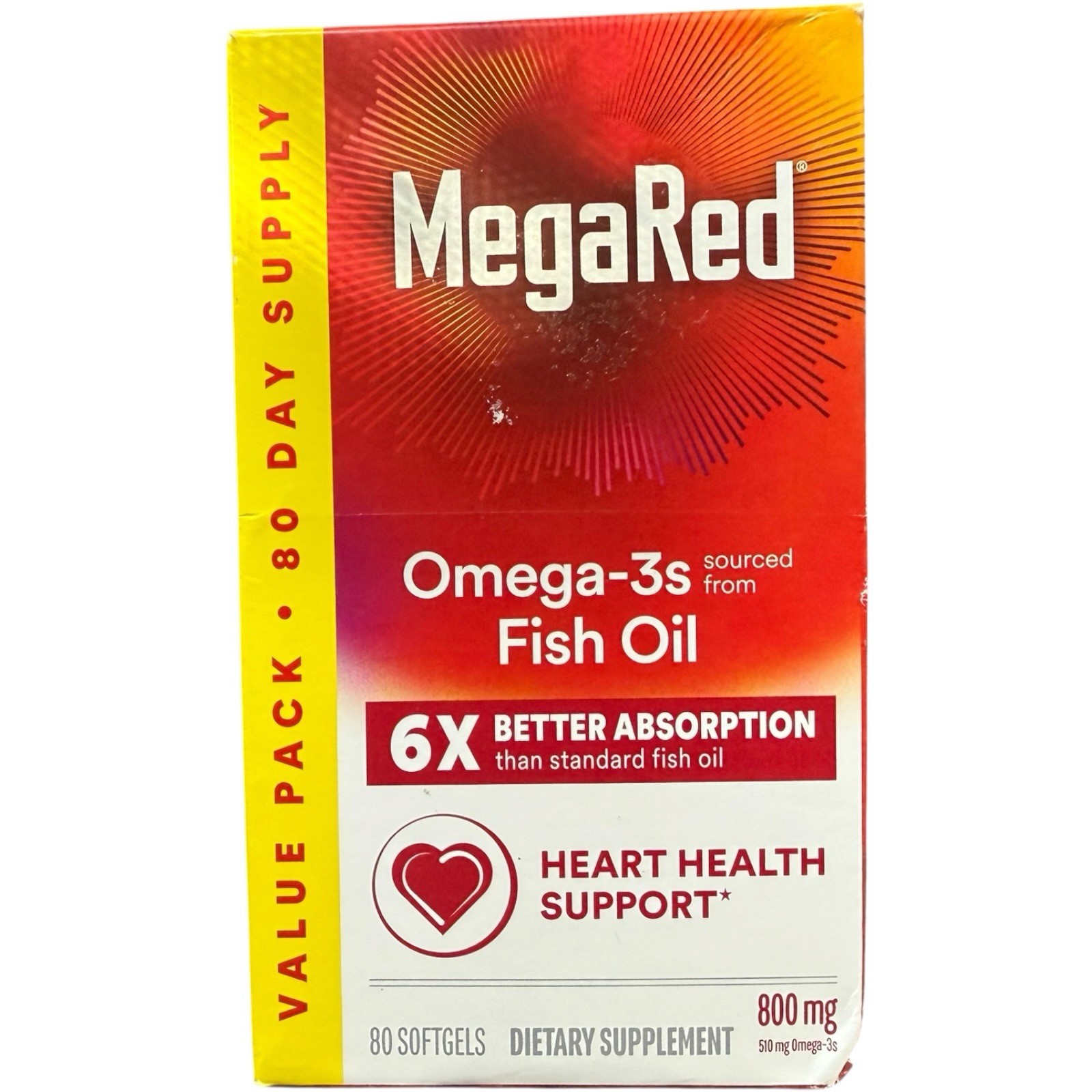 (3) MegaRed Omega-3 Fish Oil 800mg 80 Softgels Heart Health Support Exp 01/2027+