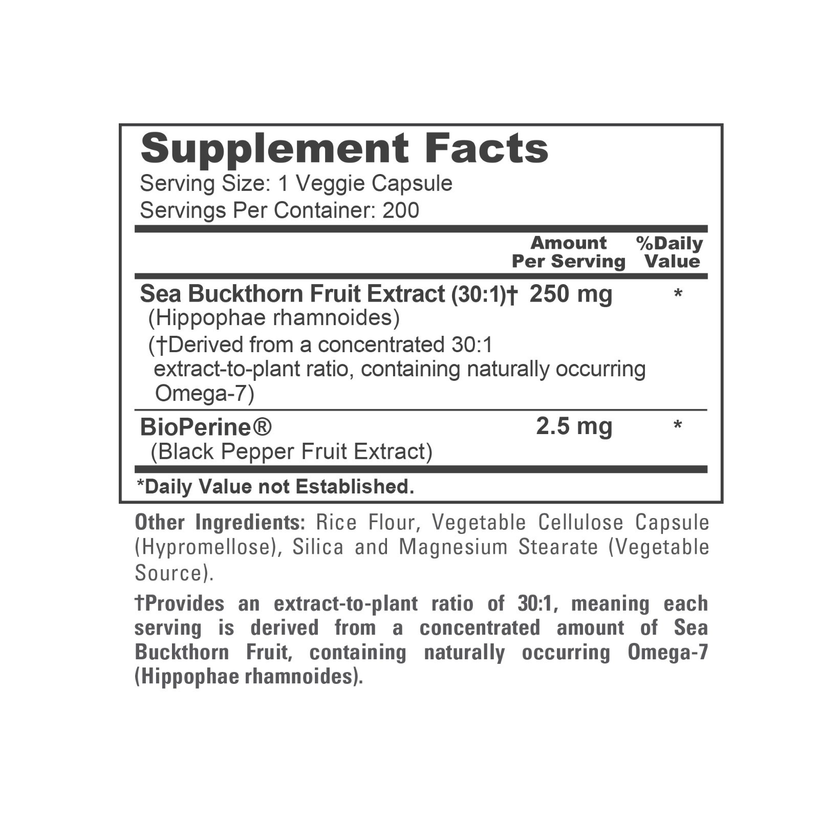 Sea Buckthorn (Omega 7) 7500mg 200 Veggie Powder Caps – Extract 30:1, Non-GMO