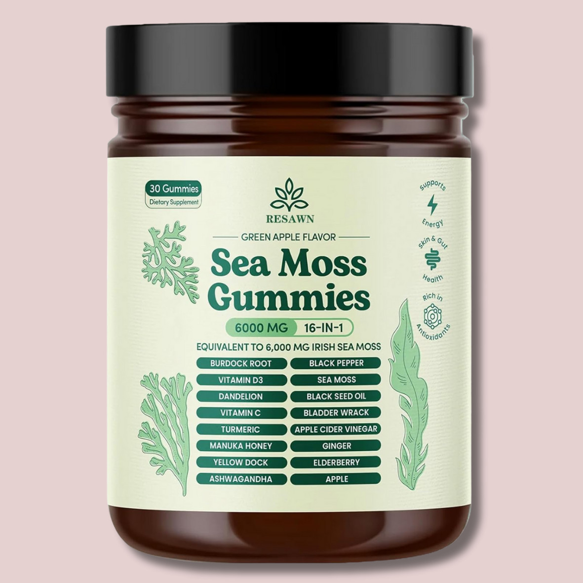 16-in-1 Organic Sea Moss Gummies | Irishmoss Extract 6000Mg | Green Apple