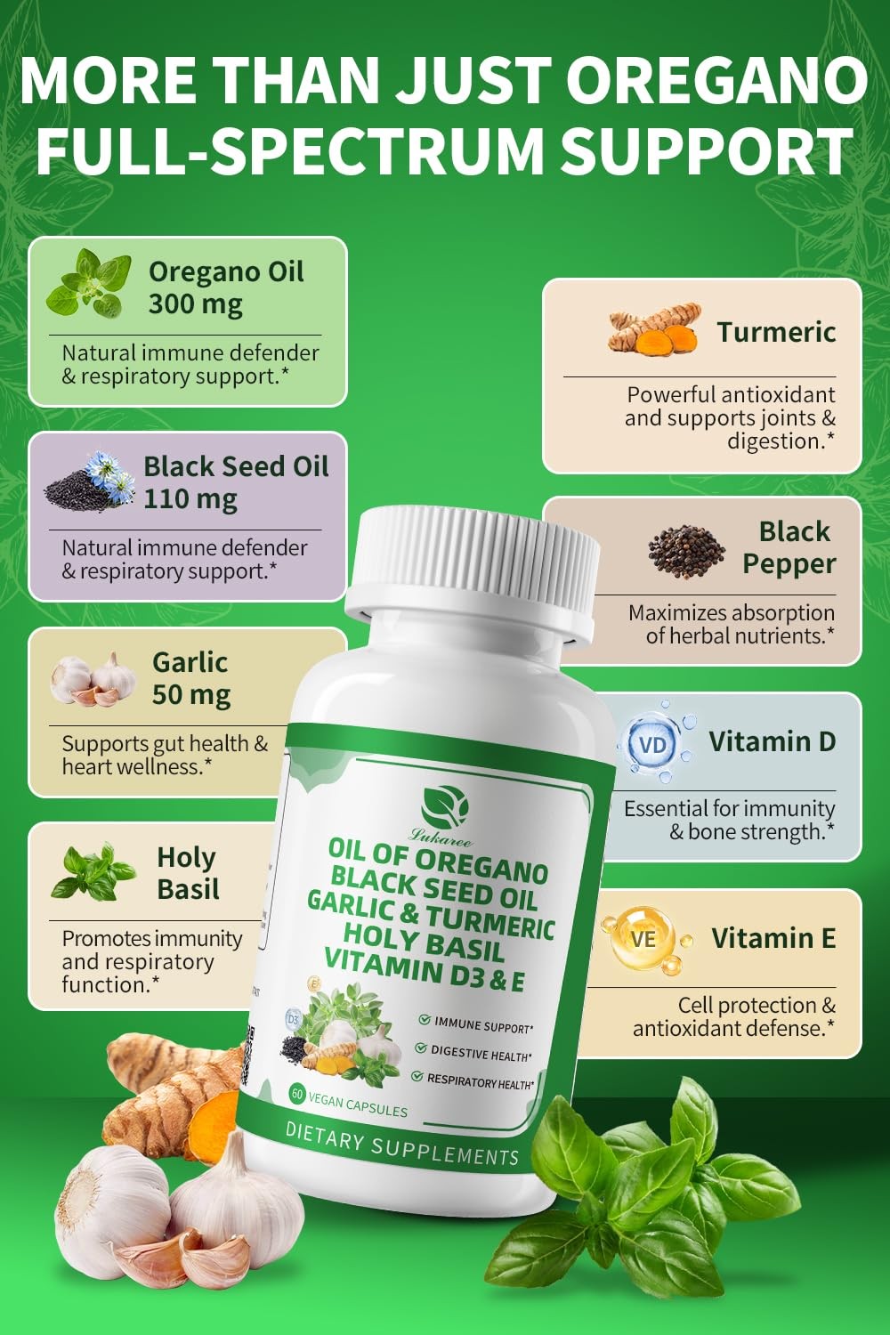 Lukaree Organic Oil Of Oregano Capsules Black Seed Oil Garlic Turmeric Holy
