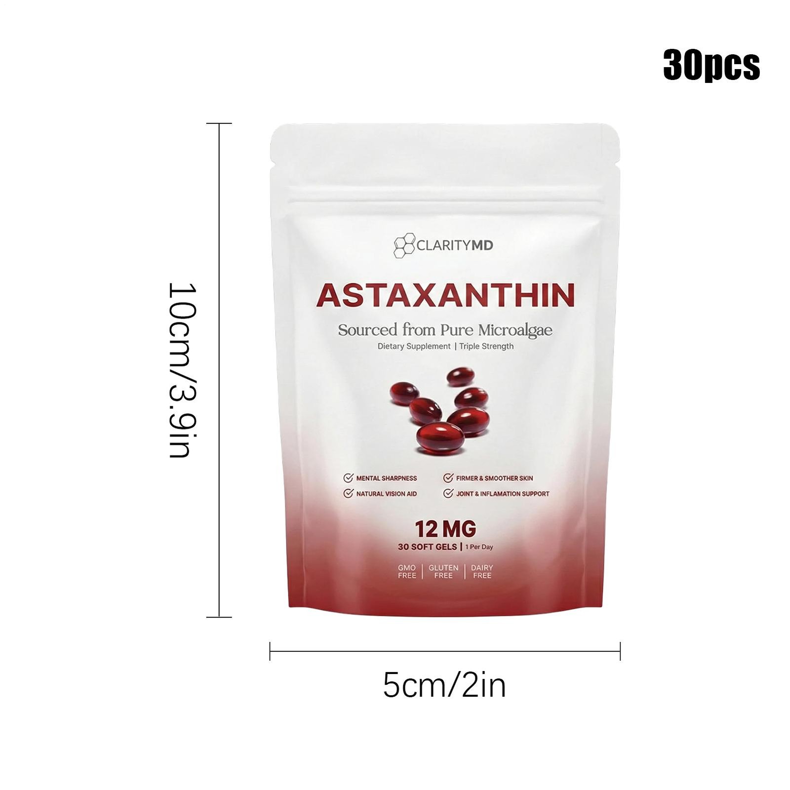 Astaxanthin 12mg Antioxidant Supplement 30 Softgels Natural Microalgae