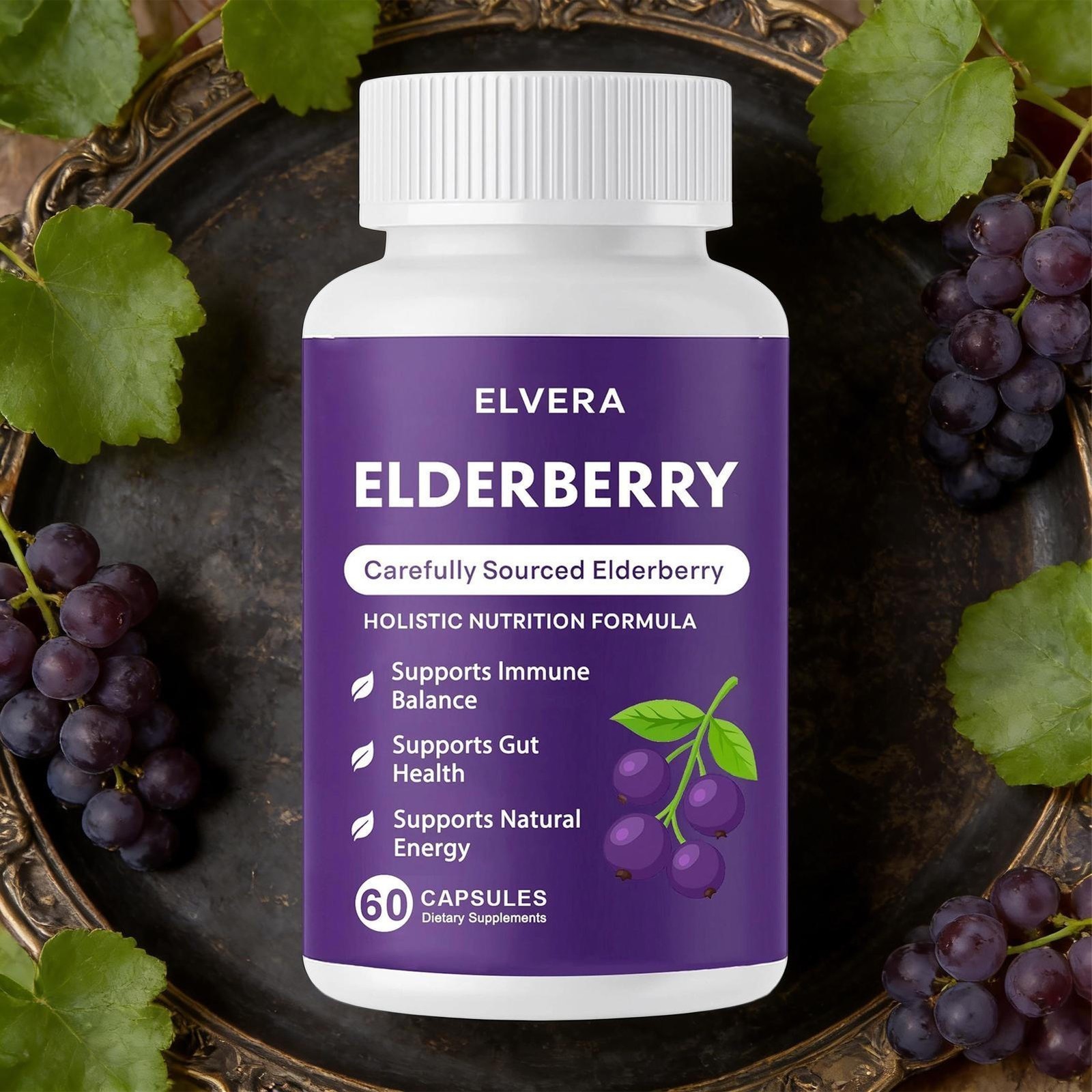 1-3x Elvera Elderberry Gut Support Complex – Organic Black Elderberry Capsules
