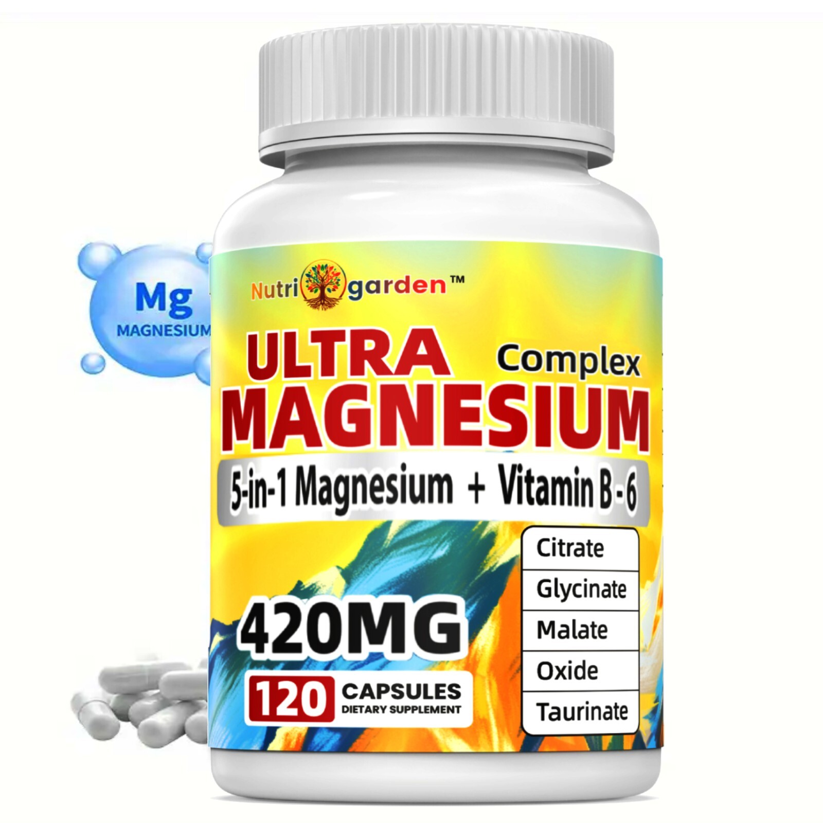 5-in-1 Magnesium Complex Capsules, 420 mg, Vitamin B6, 120 Count