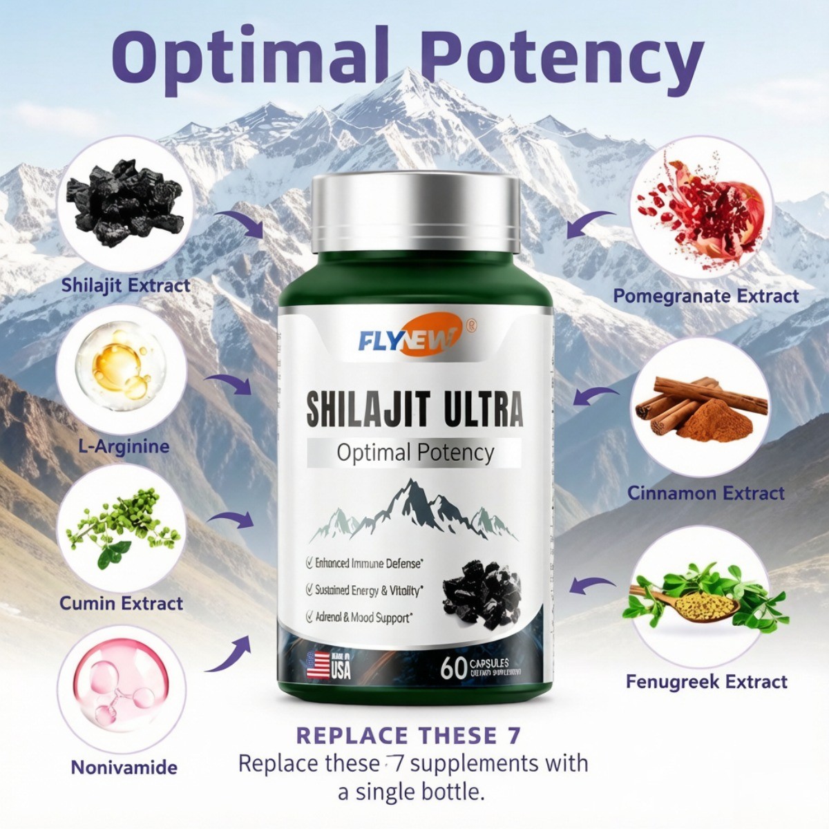 Flynew Shilajit Ultra – 1300mg Himalayan Extract for Energy & Immunity, 60ct