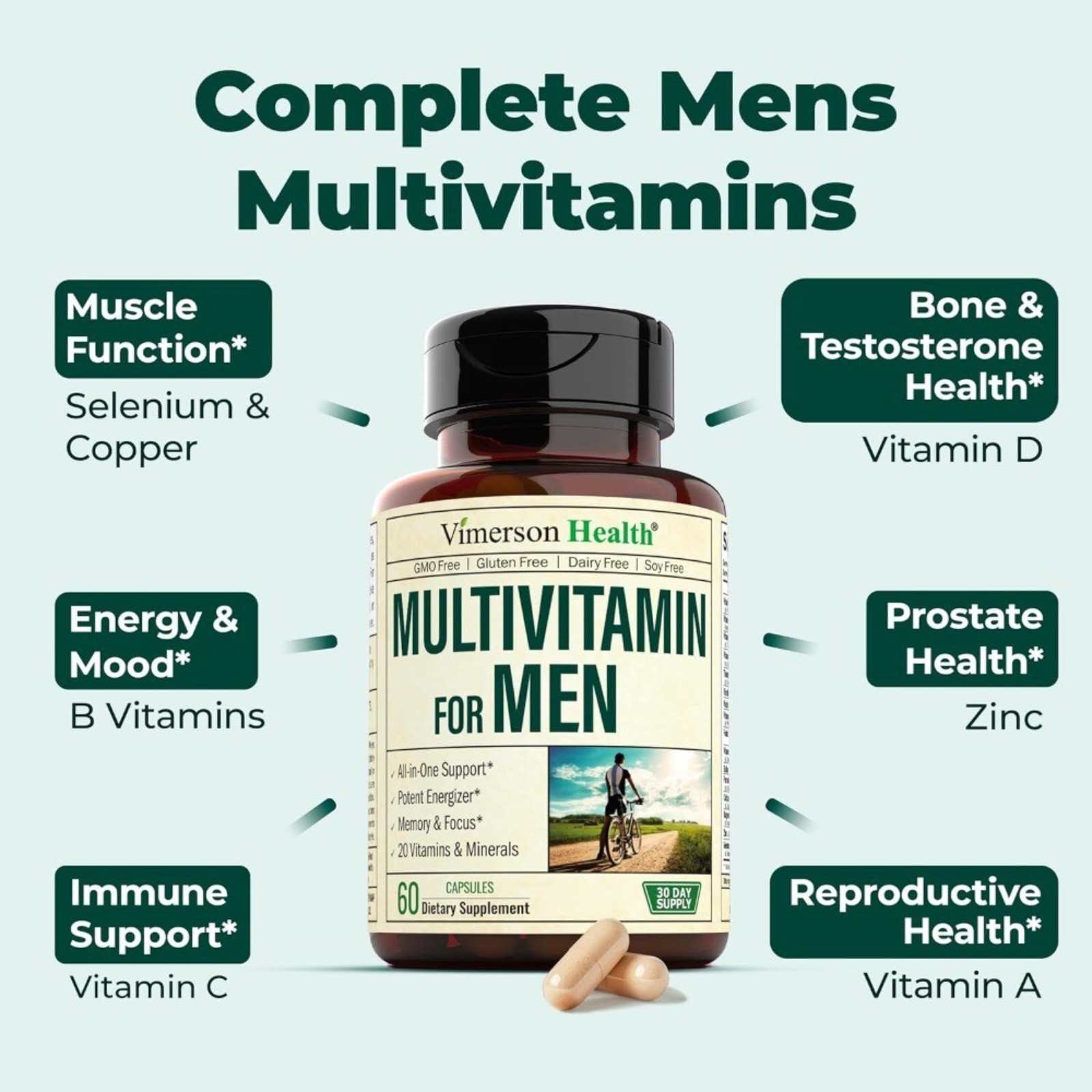 Multivitamin for Men with Vitamin A C D E B12 Zinc Energy Focus Health -1 bottle