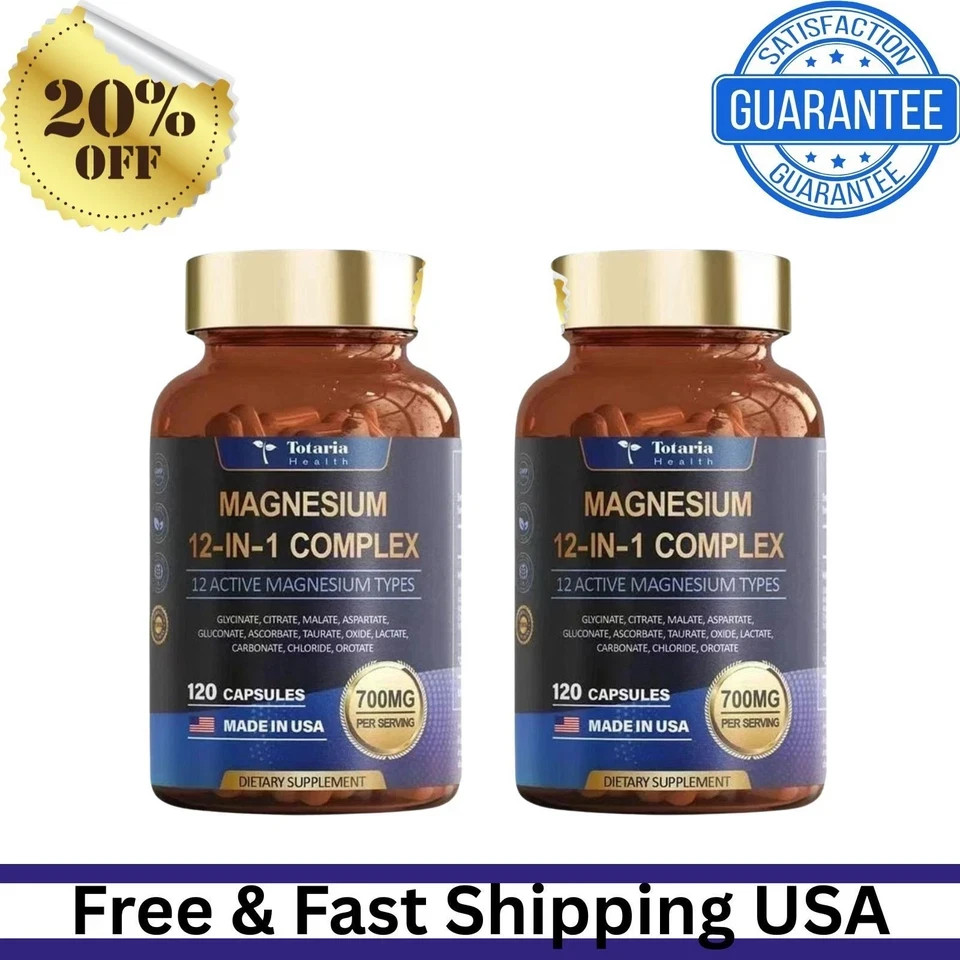 Magnesium 12 in 1 Complex 700mg – Dietary Supplement 120 Capsules, 2-packs Set