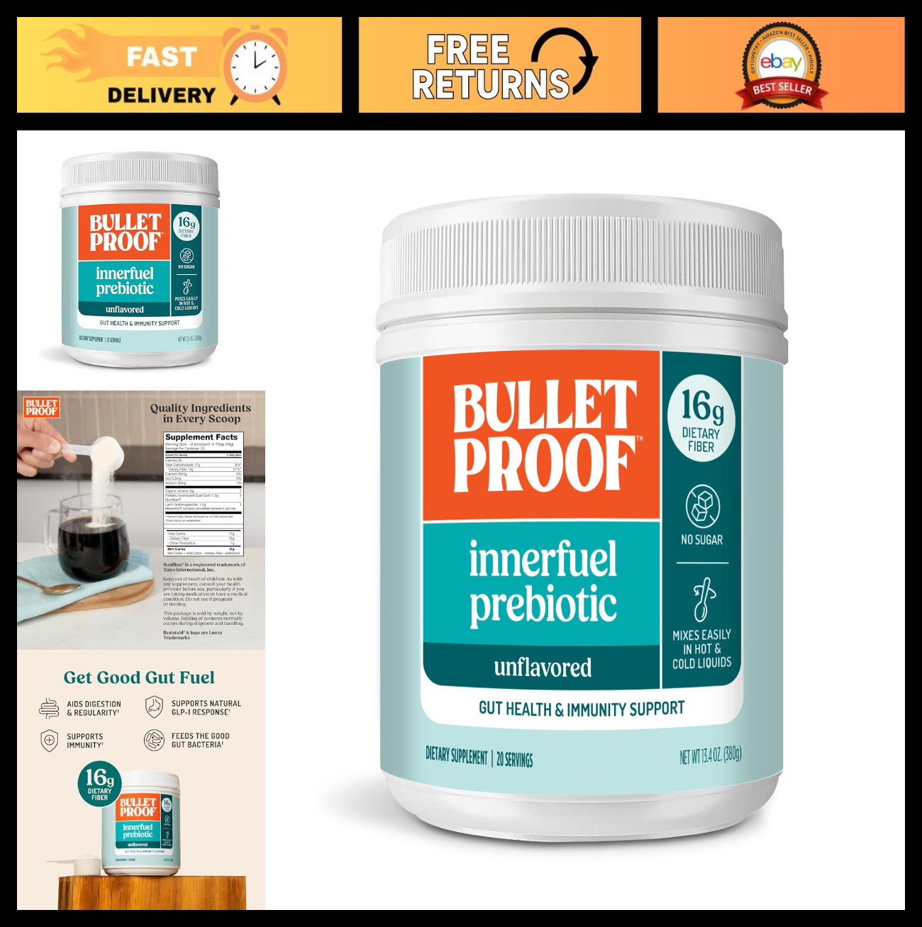 Bulletproof Innerfuel Prebiotic Fiber Powder, Unflavored, 16g Fiber