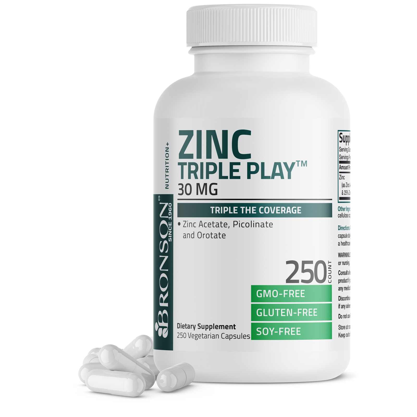 Bronson Zinc Triple Play 30 mg Zinc Acetate, Picolinate & Orotate, 250 Capsules