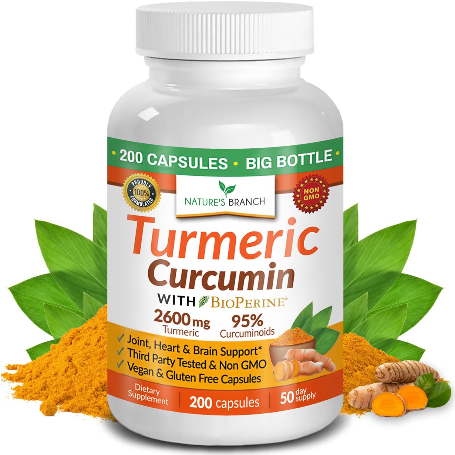 Turmeric Curcumin Supplement with Black Pepper 2600mg 200 Count (Pack of 1)