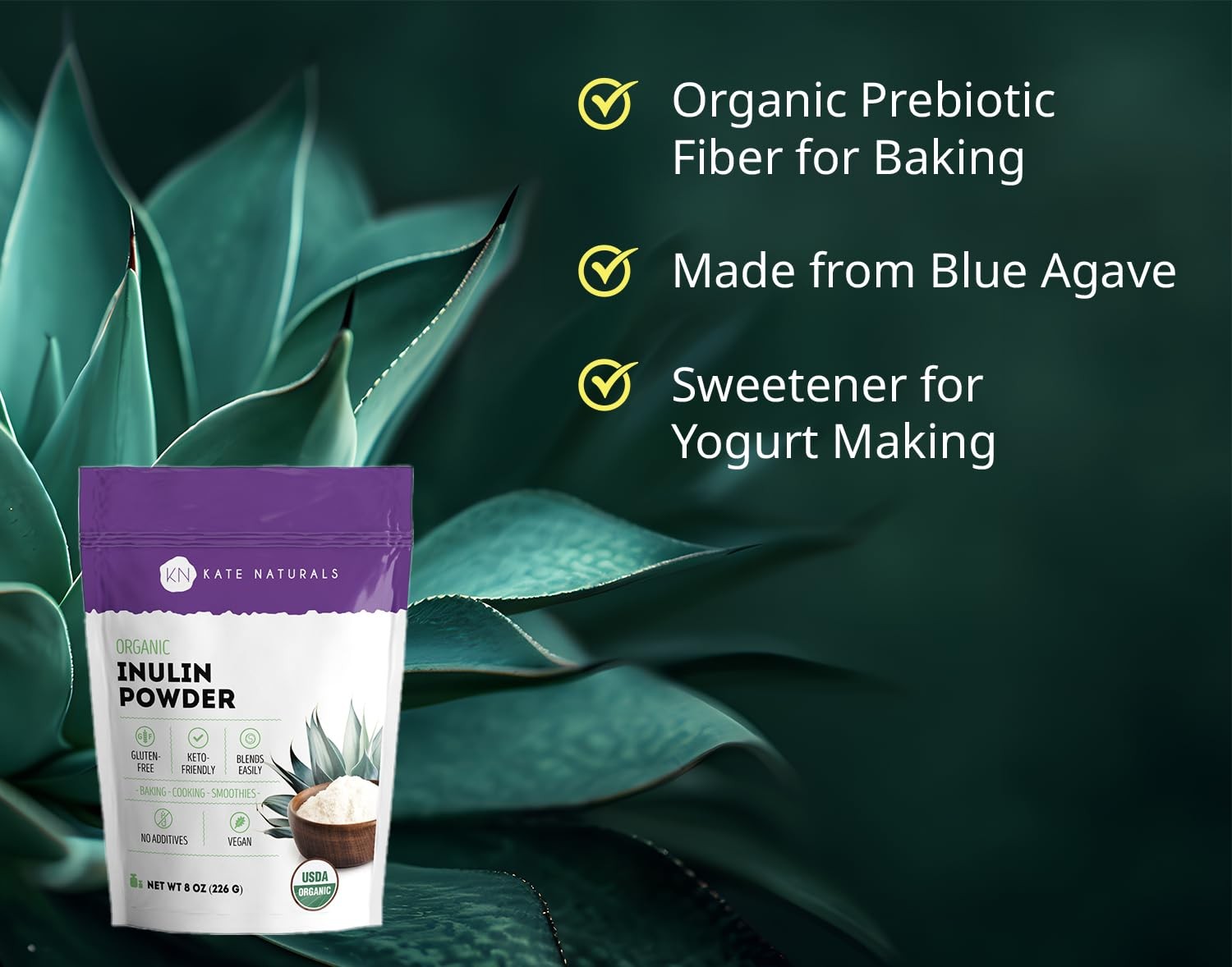 Inulin Powder Organic from Blue Agave (8oz) Soluble Prebiotic Fiber for Coffee,