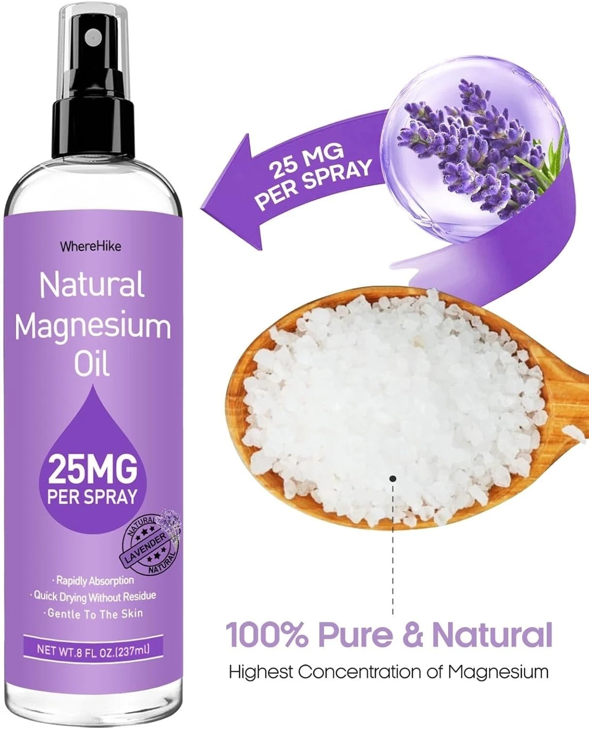 Magnesium Oil Spray – For Feet, Sleep & Muscle Relief, Vanilla/Lavender/Natural.