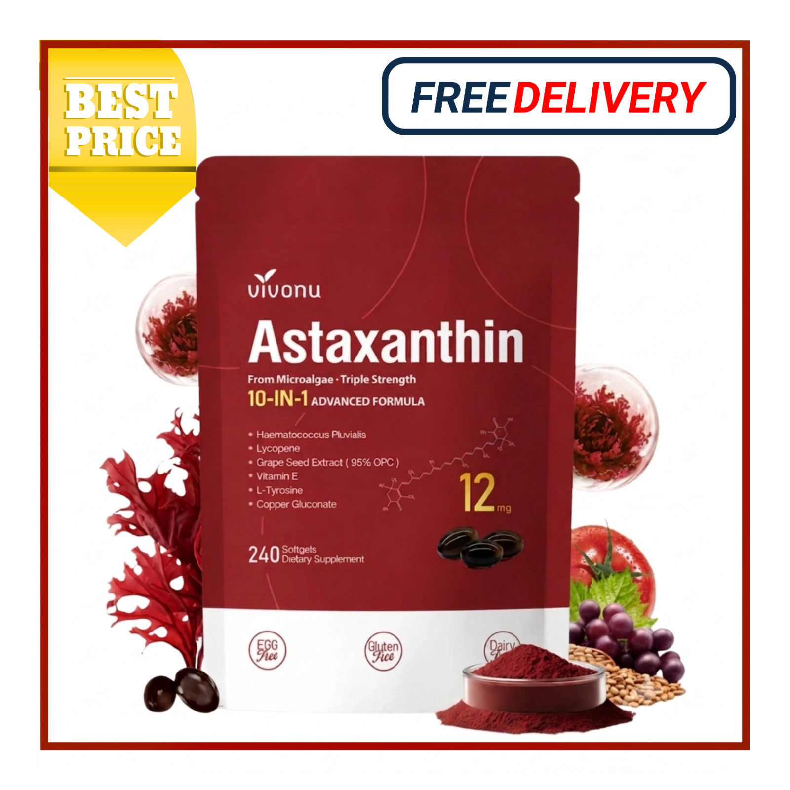 Astaxanthin 12mg 240 Softgels, 4 Month Supply,Triple Strength,Non-GMO,Eye Health