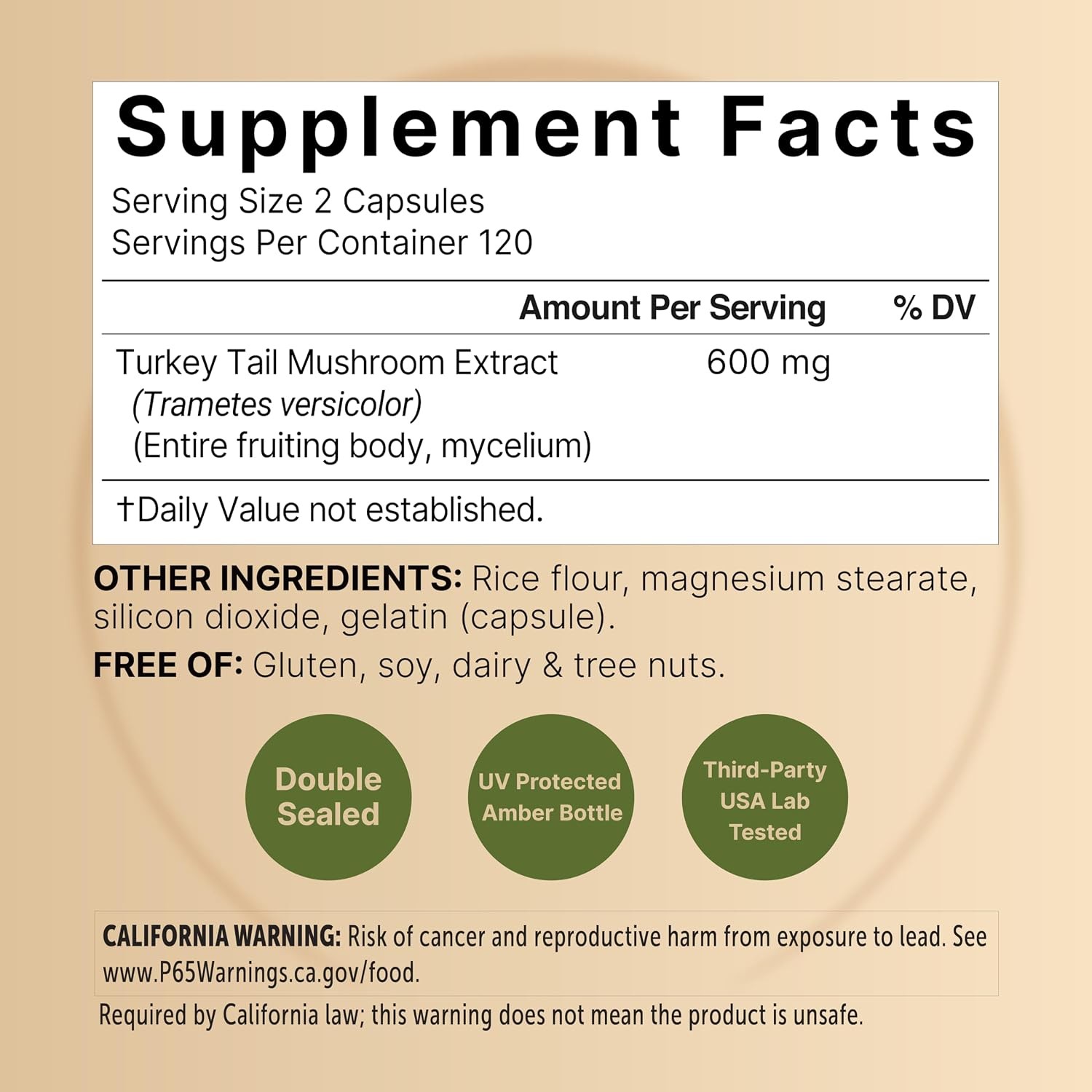 Turkey Tail Mushroom Extract Capsules- Hongo Cola de Pavo 600mg 240 Count