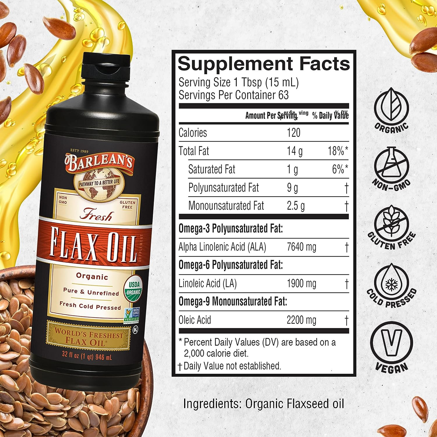 Barlean’S Organic Flaxseed Oil Liquid, Cold Press Flax Seeds, 32 Oz